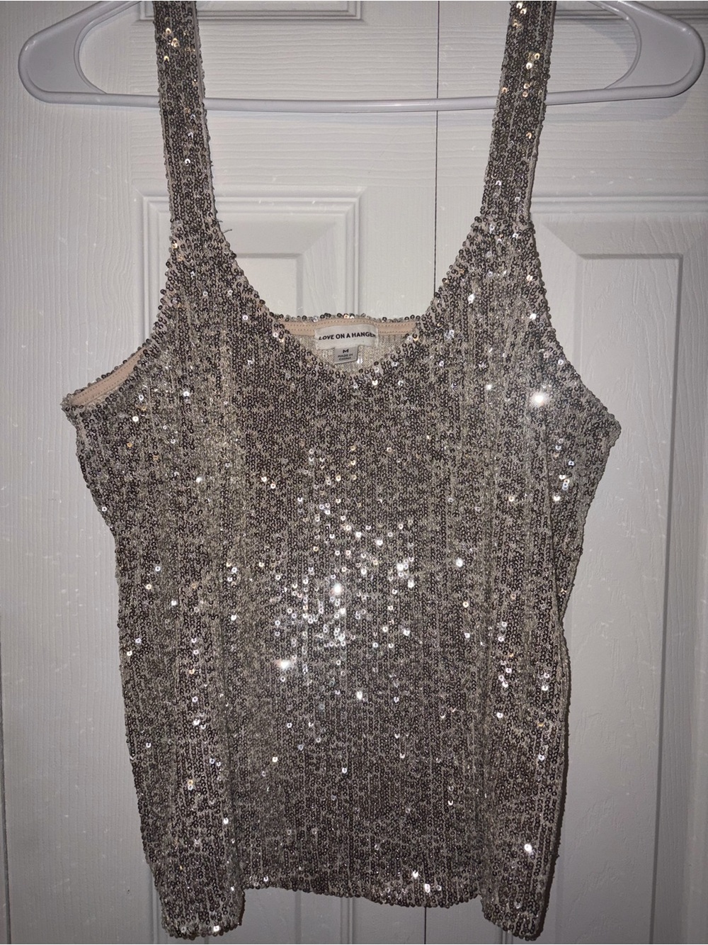 Love on a Hanger Sequin Tank Top M Champagne Silver Party